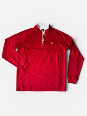 Deolax mens L Large red solid 1/4 zip pullover golf performance sweater EUC